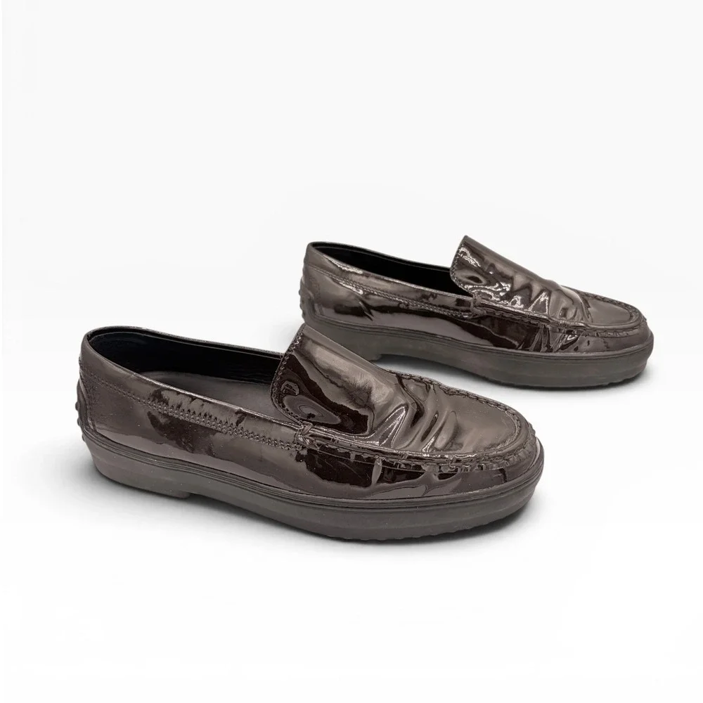 Tod's Loafers 37 Dark Academia Brown Patent Leather Gomma Vibram Platform Shoes
